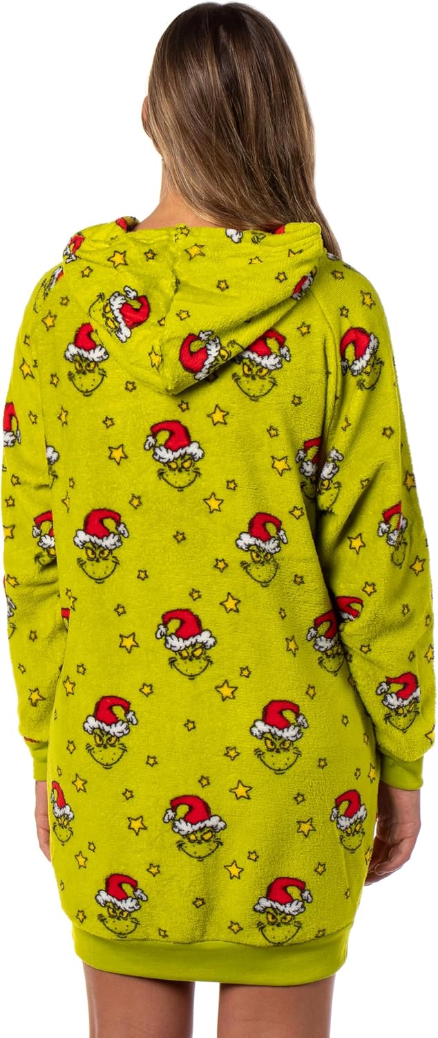 MJC Dr. Seuss The Grinch Women's Pullover Hooded Plush Fleece Adult Pajama Dorm Sleep Shirt With Knee High Socks - Image 4