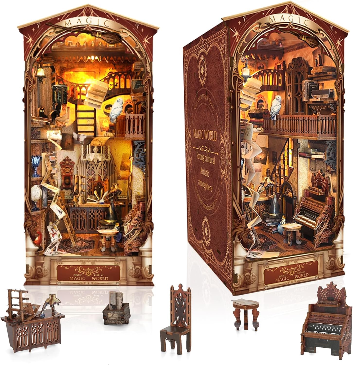 Collazoey Book Nook Kits,DIY Casa Libros de Madera,Rompecabezas de Madera 3D,con Sensor de luz LED,Regalo de cumpleaños para Adolescentes y Adultos,día de San Valentín(Mundo mágico)