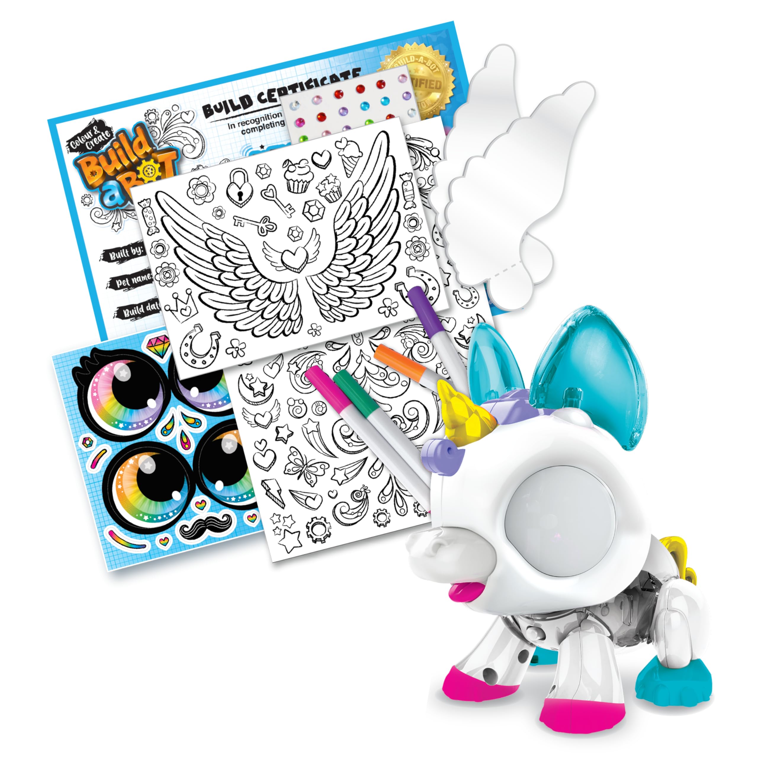 BUILD A BOT - PEGASUS - Robot Animal Intéractif à Construire et Personnaliser - Pour Enfants dès 4 ans - 20 Pièces à Assembler + Feutres, Stickers & Gemmes - Licorne Intéractive