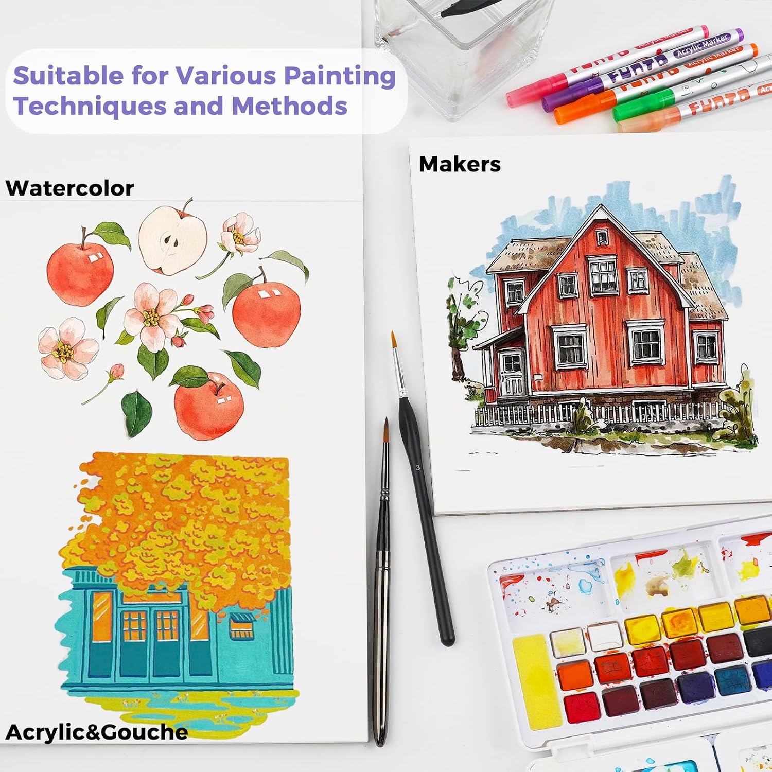 Funto Watercolor Art Bundle，2 Packs 12x9 Cotton Pads (40 Sheets, 140lb/300gsm) & Portable Set (12 Colors, 10 Postcards, Brushes, Pen, Pencil) image 4