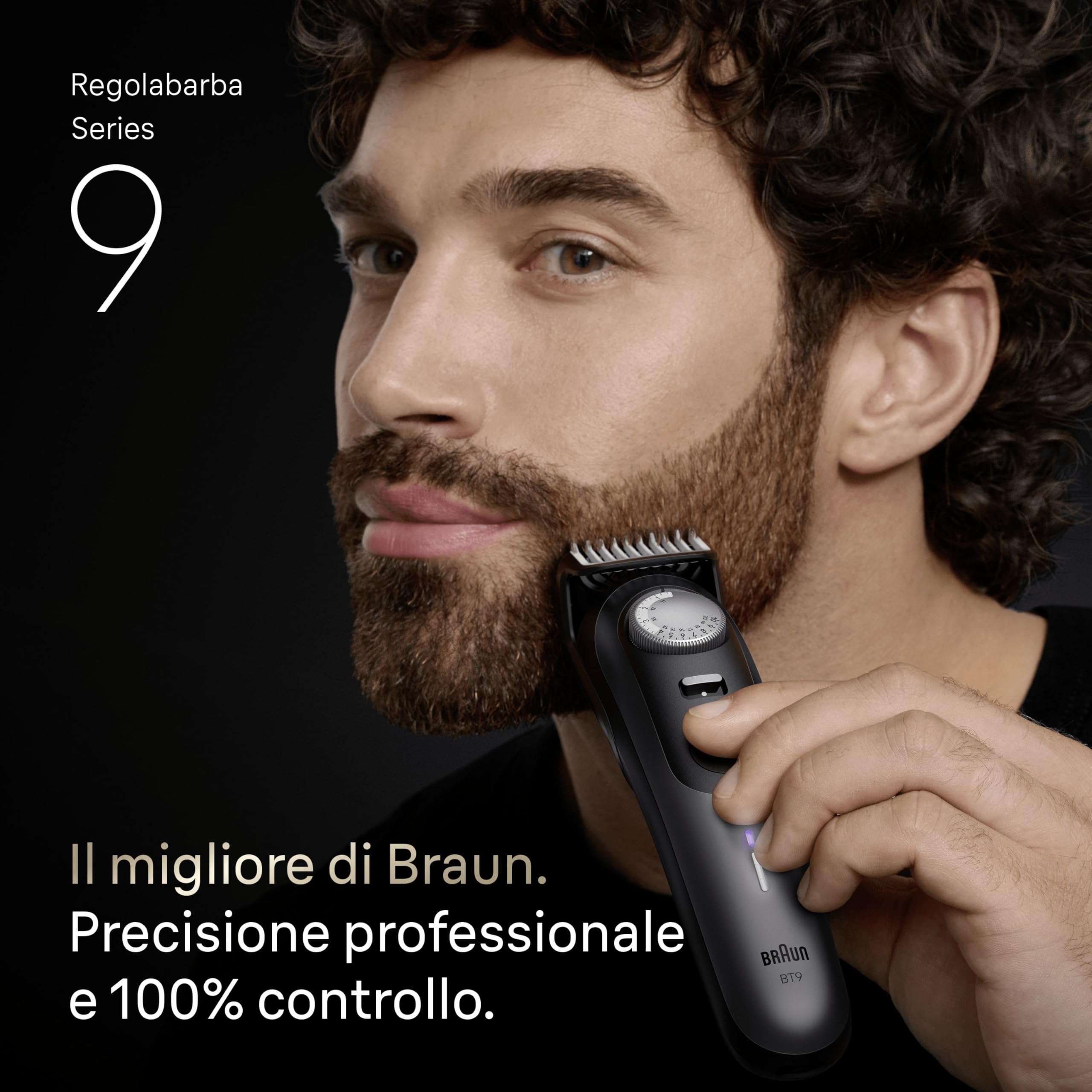 Braun Regolabarba Uomo Serie 9, +14 Strumenti Da Barbiere, Rasoio Elettrico Barba, Lama ProBlade Affilata A Vita, 180 Min, Selettore Di Precisione Con 52 Lunghezze, Impermeabile, BT9565, Titanio