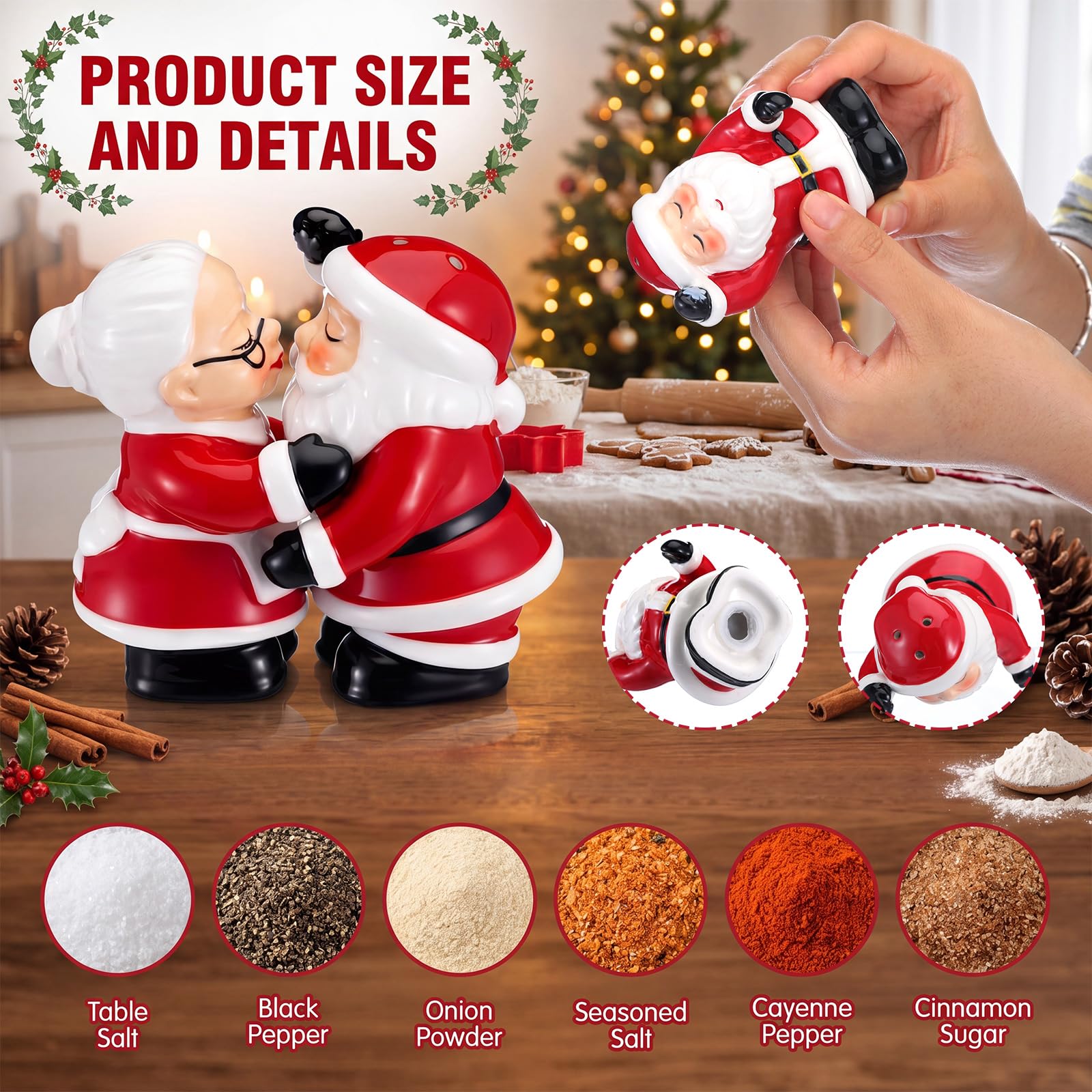 Remerry Mr. and Mrs. Santa Set di saliera e pepiera, in ceramica, con Babbo Natale che si baciano e la signora Claus, decorazione per la cucina delle vacanze in campagna, decorazioni da tavola e