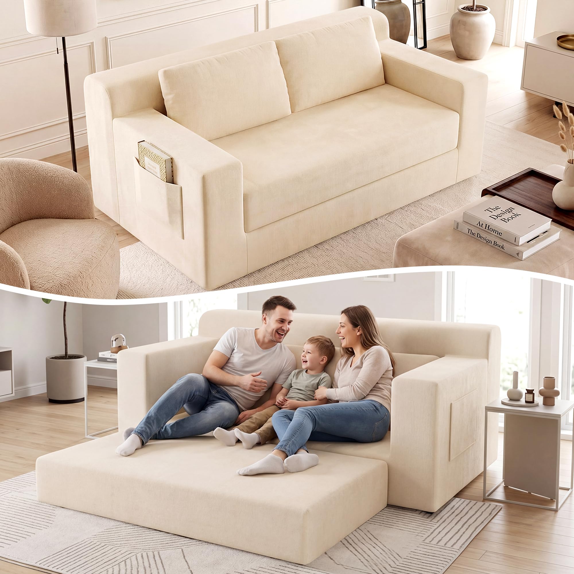 GRUSIGN 71" Boneless Loveseat Couch,Chenille Pullout Futon Couch,4 in 1 Folding 3 Seater Sofa Bed for Living Room,Boneless Cloud Couch with Storage Pocket & 2 Pillows,Beige