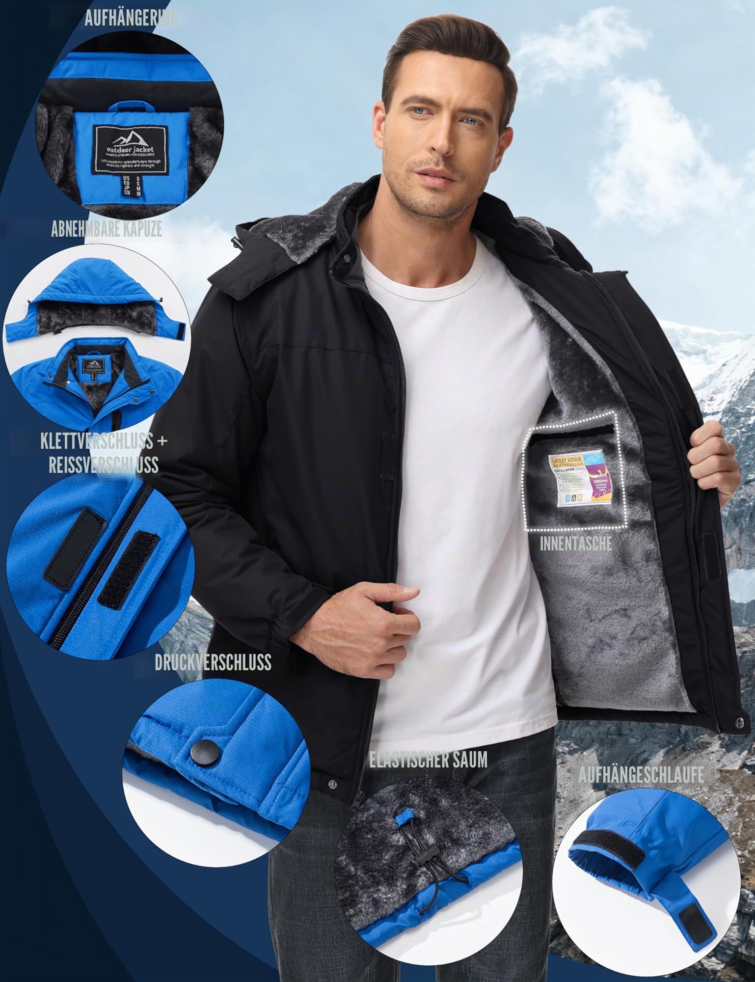 MAGCOMSEN Herren Skijacke Wasserdicht Winterjacke Gefüttert Winddicht Wanderjacke mit Abnehmbarer Kapuze