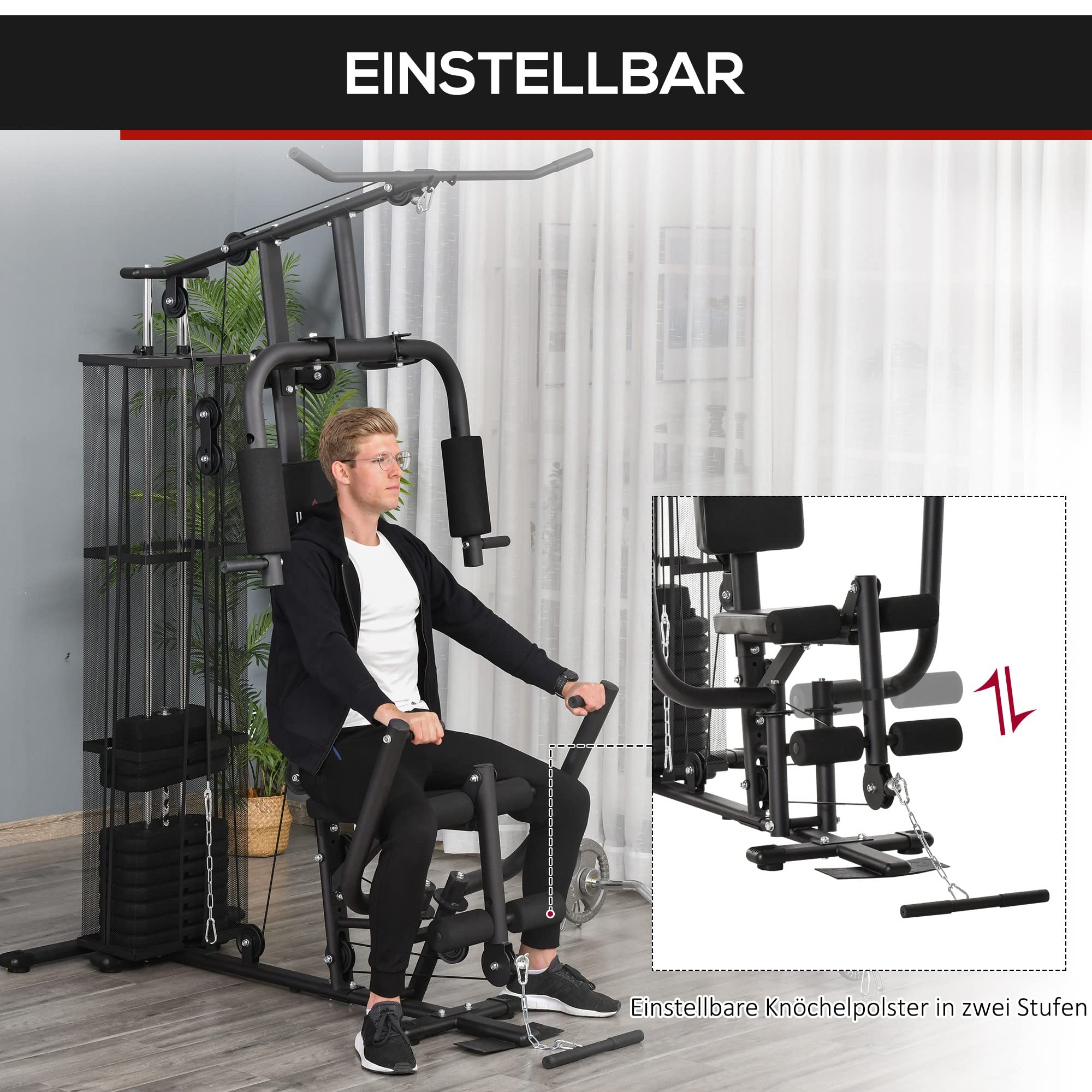 HOMCOM Kraftstation Fitnessstation Fitnessgerät bis 120kg Multifunktion Krafttraining Multistation Trainingsstation mit Latzug Butterflystange 45kg Gewichten Seil, Fitnessgeräte für Zuhause