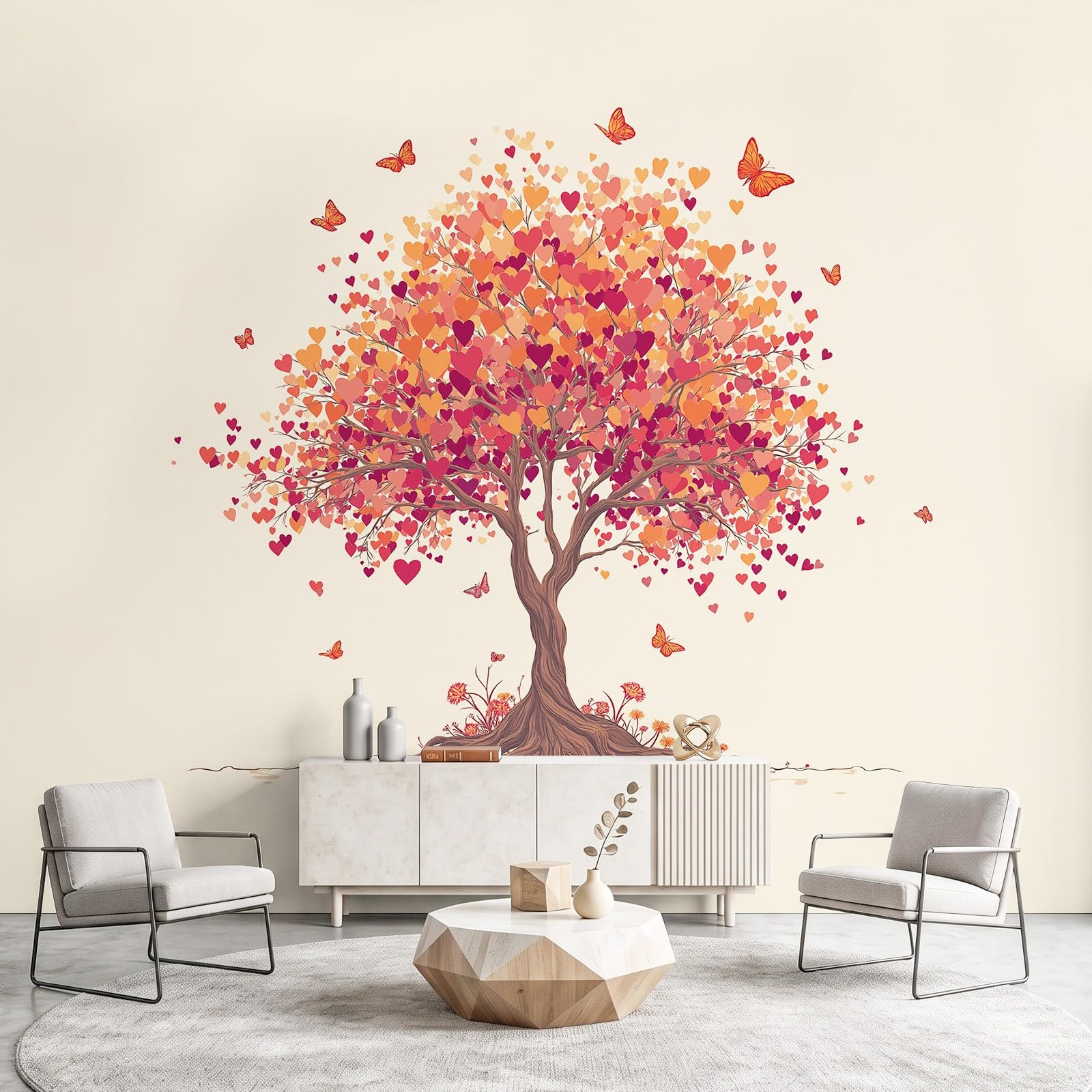 Tapeta 3D romantyczna, minimalistyczna, przytulna, 315 x 215 cm, mural, drzewo, motyl, botaniczna tapeta mural do sypialni, przedszkola, malowniczego ogrodu