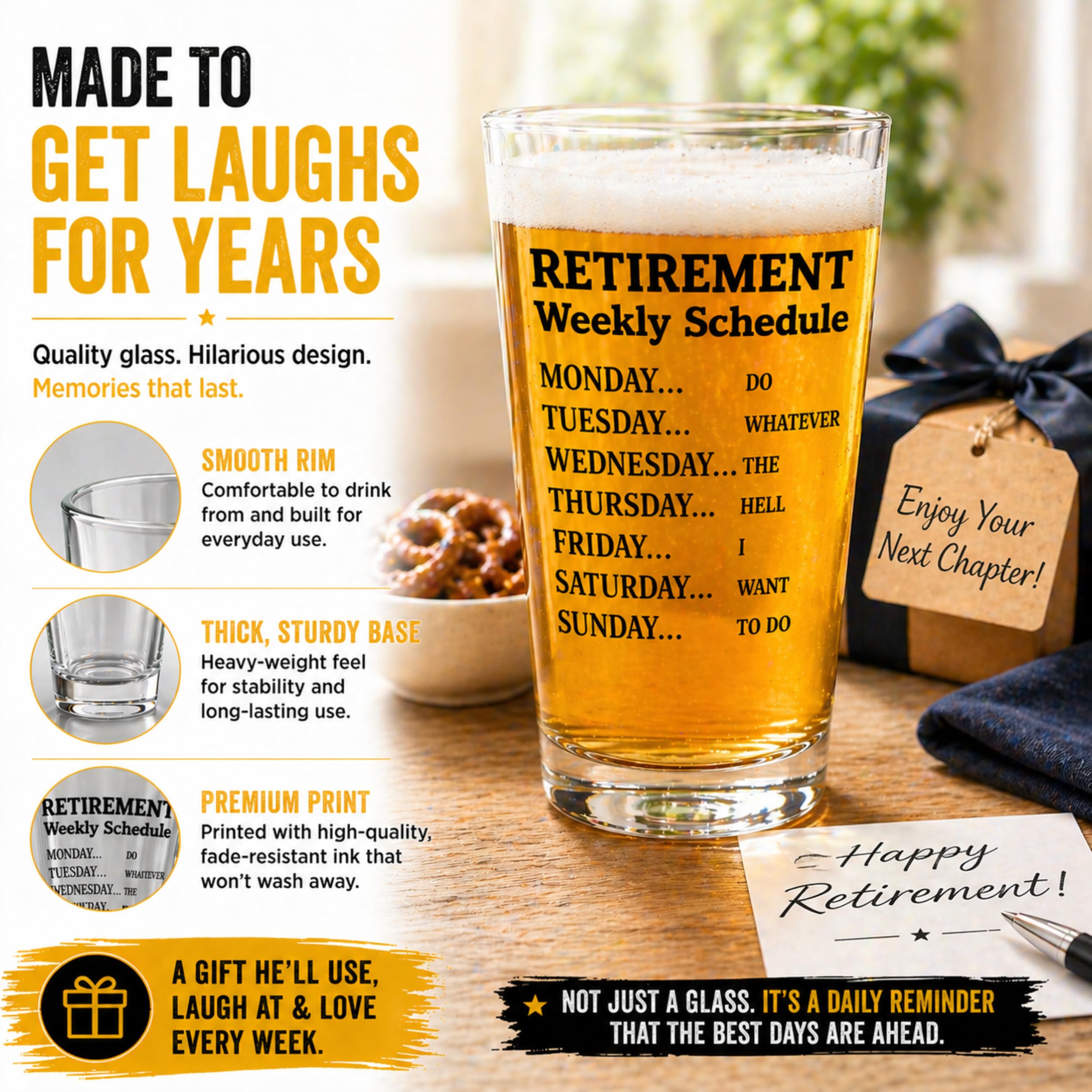 Regalos de jubilación para hombres, vaso de cerveza de calendario semanal de jubilación, divertido vaso de cerveza único regalo de jubilación para papá, abuelo, amigos, familia y compañeros de
