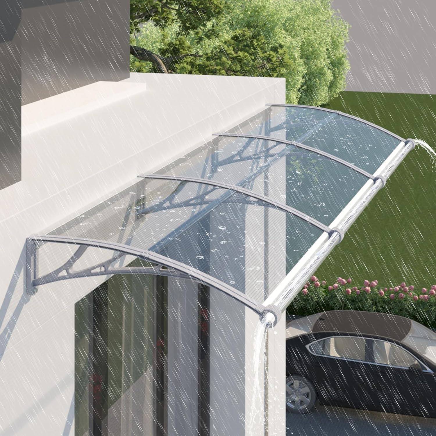 GUANSU-CN Door Canopy, 300x100 cm Outdoor Porch Canopy with Gutter, UV-Resistant Polycarbonate Awnings for Patios, Front Door, Window