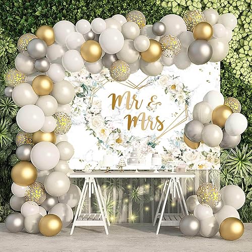 Miniatura 2 de AIBIIN Telón de fondo floral de Mr and Mrs de 7 x 5 pies para despedida de soltera, flores blancas, puntos dorados, fondo de fotografía, corazones,
