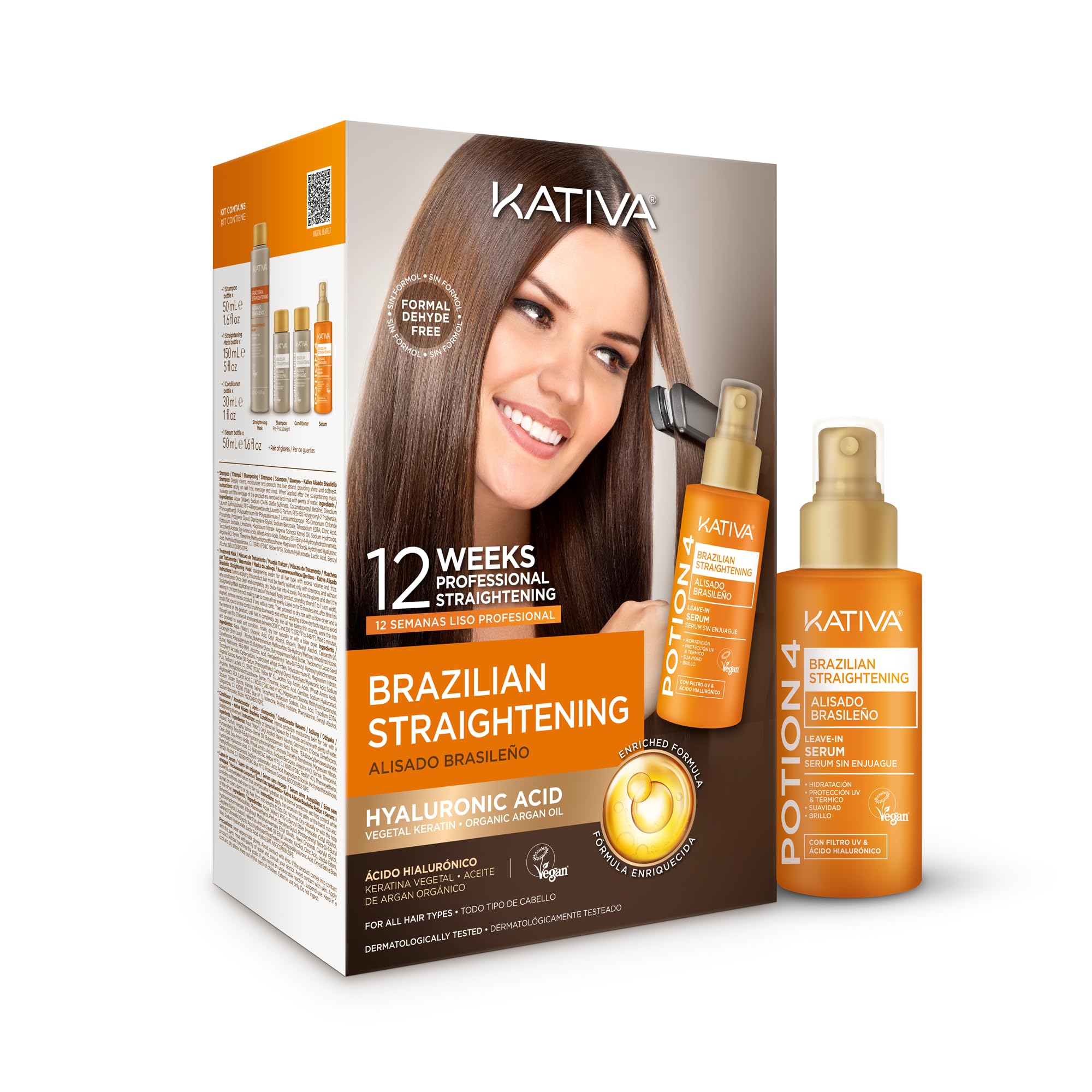 KATIVA Brazilian Keratin Straightening Kit, Shampoo Mask Conditioner + Potion 4 Heat Protectant Serum, Formaldehyde-Free Smoothing, Frizz Control, Hyaluronic Acid, Argan Oil, Vegan, Up to 12 Weeks