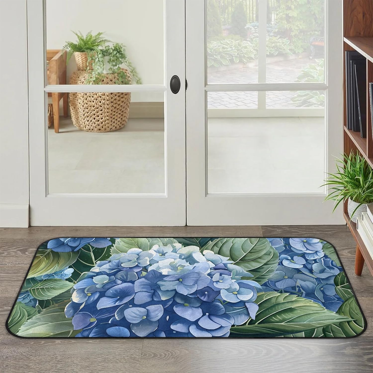 Honeybaby Flowers Hydrangea Welcome Mat 20x39 Inch, Ultra-Thin Low Pile Front Door Mat with Non-Slip TPR Backing for Indoor Outdoor Entrance