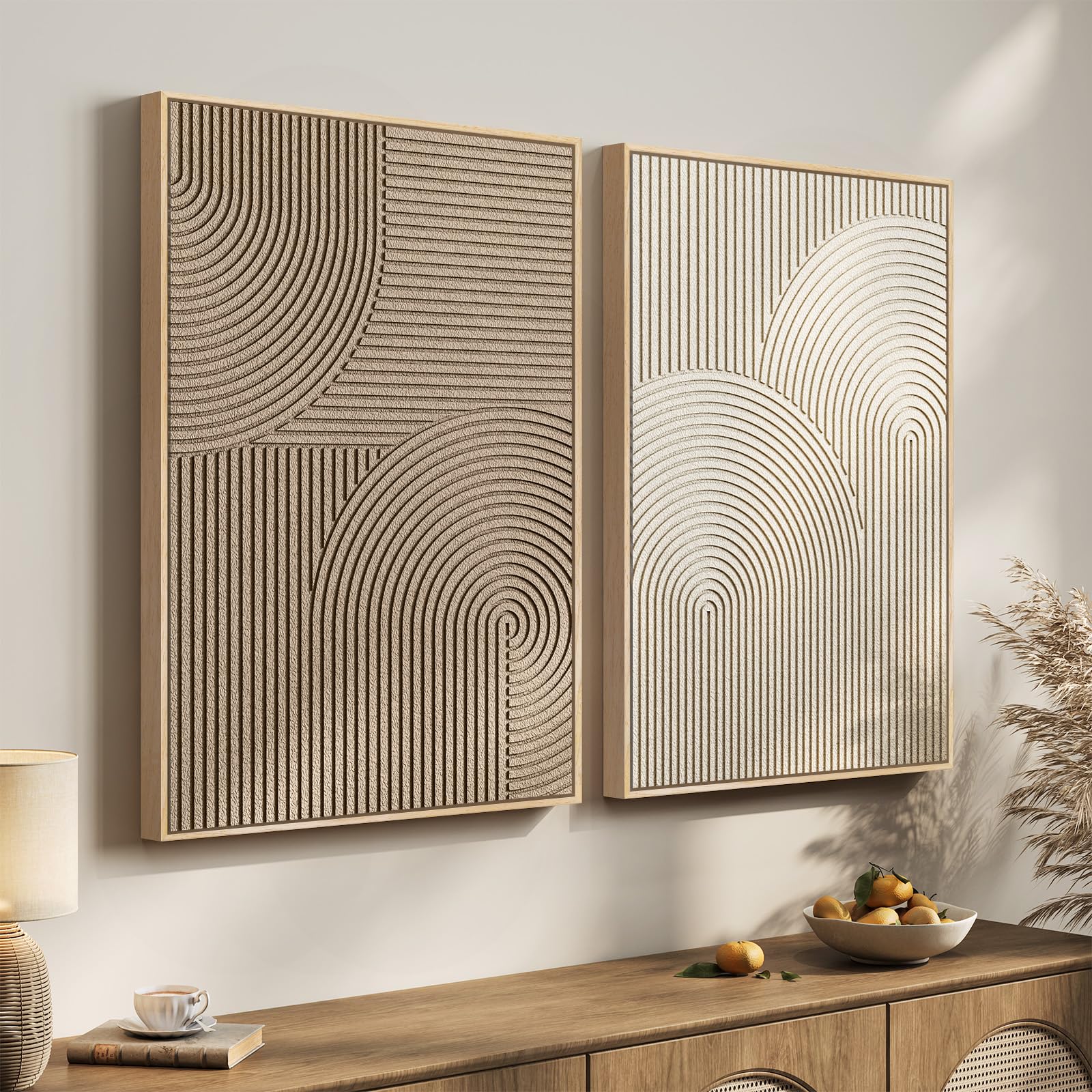 Large 3D Textured Framed Abstract Wall Art for Living Room, 3 Piece Modern Paintings Artwork for Walls, Black White Brown Geometric Sandstone Texture Pictures for Hallway Office Home Decor 24x36 In — view 36