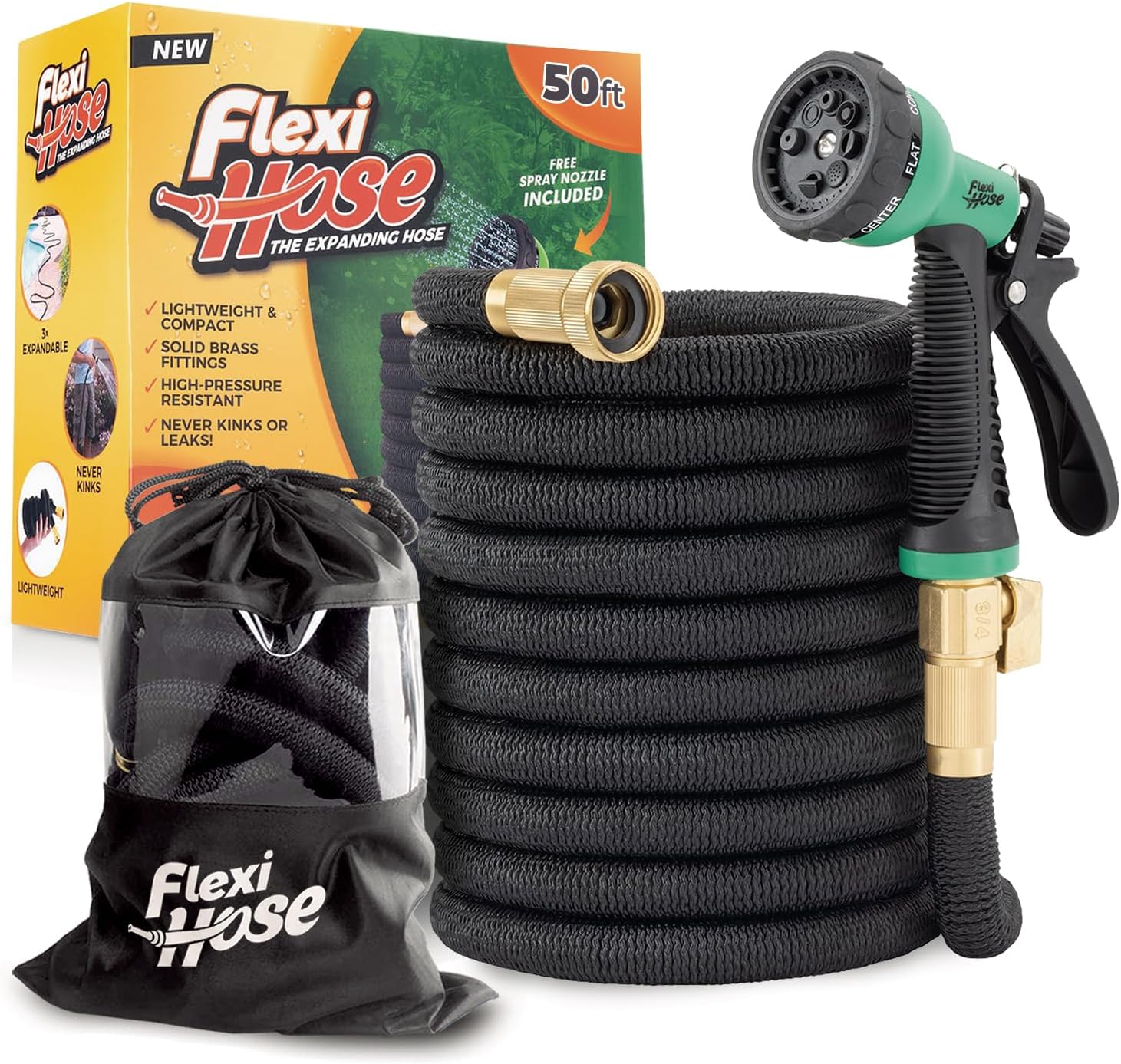 PLUS with 8 Function Nozzle Expandable Garden Hose, Lightweight & No-Kink Flexible Garden Hose, 3/4 inch Solid Brass Fittings and Double Latex Core, 50 ft Black