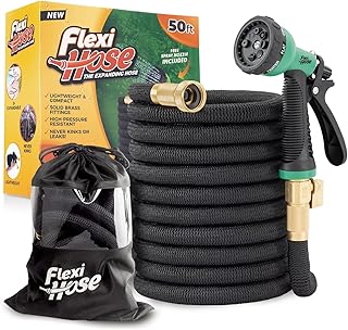 Flexi Hose Plus Expandable Garden Hose with 8 Function Nozzle, 50FT - Lightweight Retractable Garden Hose, Water Hose - No-Kink Flexibility, 3/4 Inch Solid Brass Fittings Includes Hook & Bag