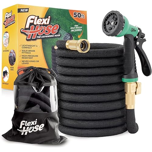 Flexi Hose Plus Expandable Garden Hose with 8 Function Nozzle, 50FT - Lightweight Retractable Garden Hose, Water Hose - No-Kink Flexibility, 3/4 Inch Solid Brass Fittings Includes Hook & Bag