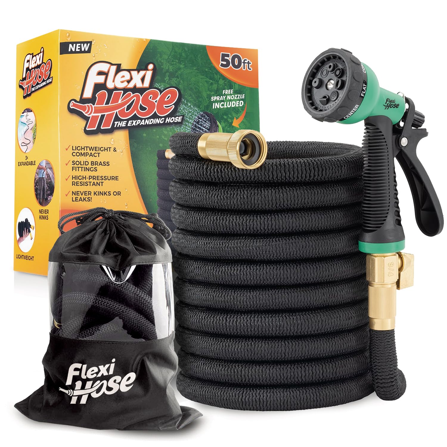 PLUS with 8 Function Nozzle Expandable Garden Hose, Lightweight & No-Kink Flexible Garden Hose, 3/4 inch Solid Brass Fittings and Double Latex Core, 50 ft Black