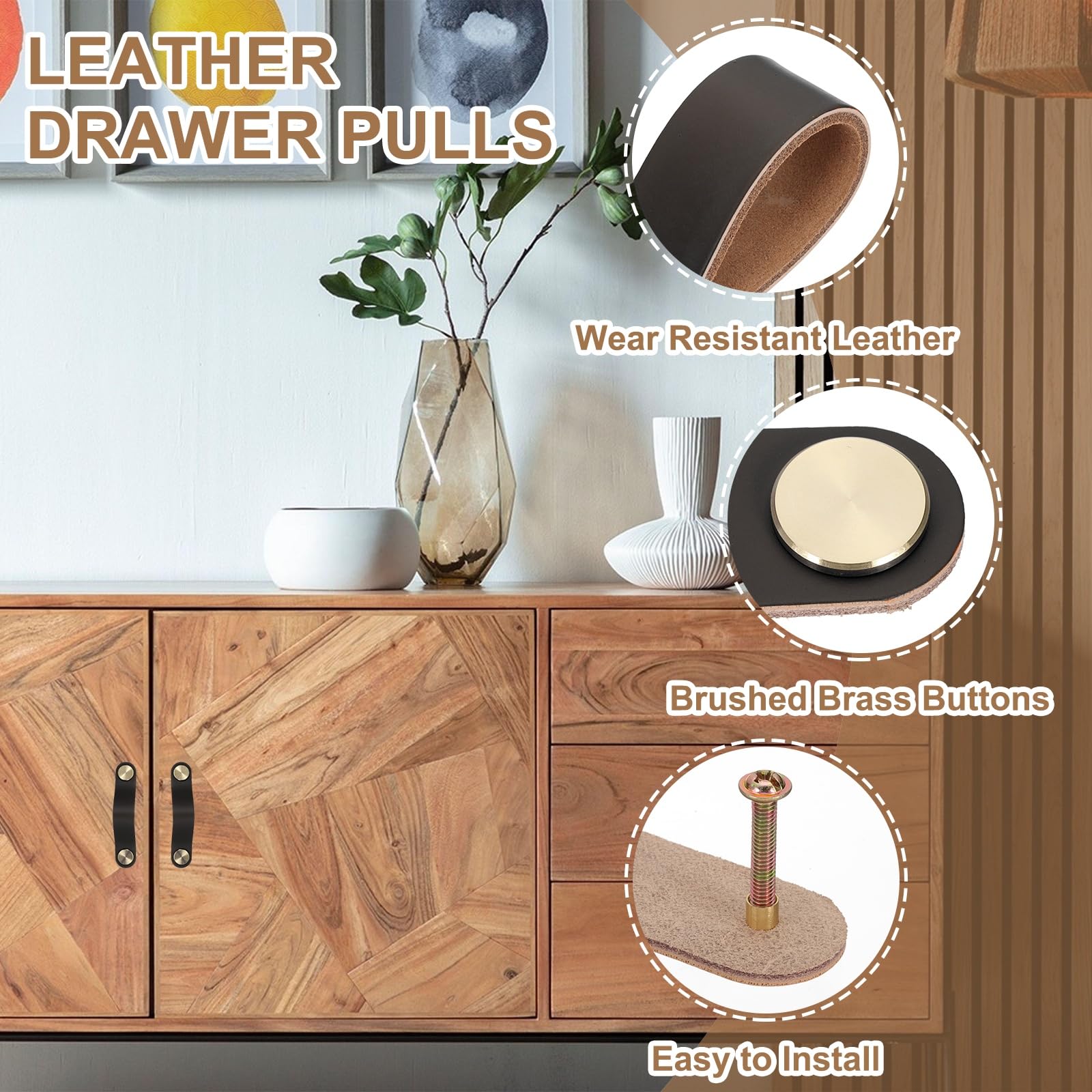 PATIKIL Leather Drawer Pulls, 4 Pack Leather Handle Center Cabinet Dresser Knobs with Screws for Dresser Cupboard Closet Doors Black - Image 3