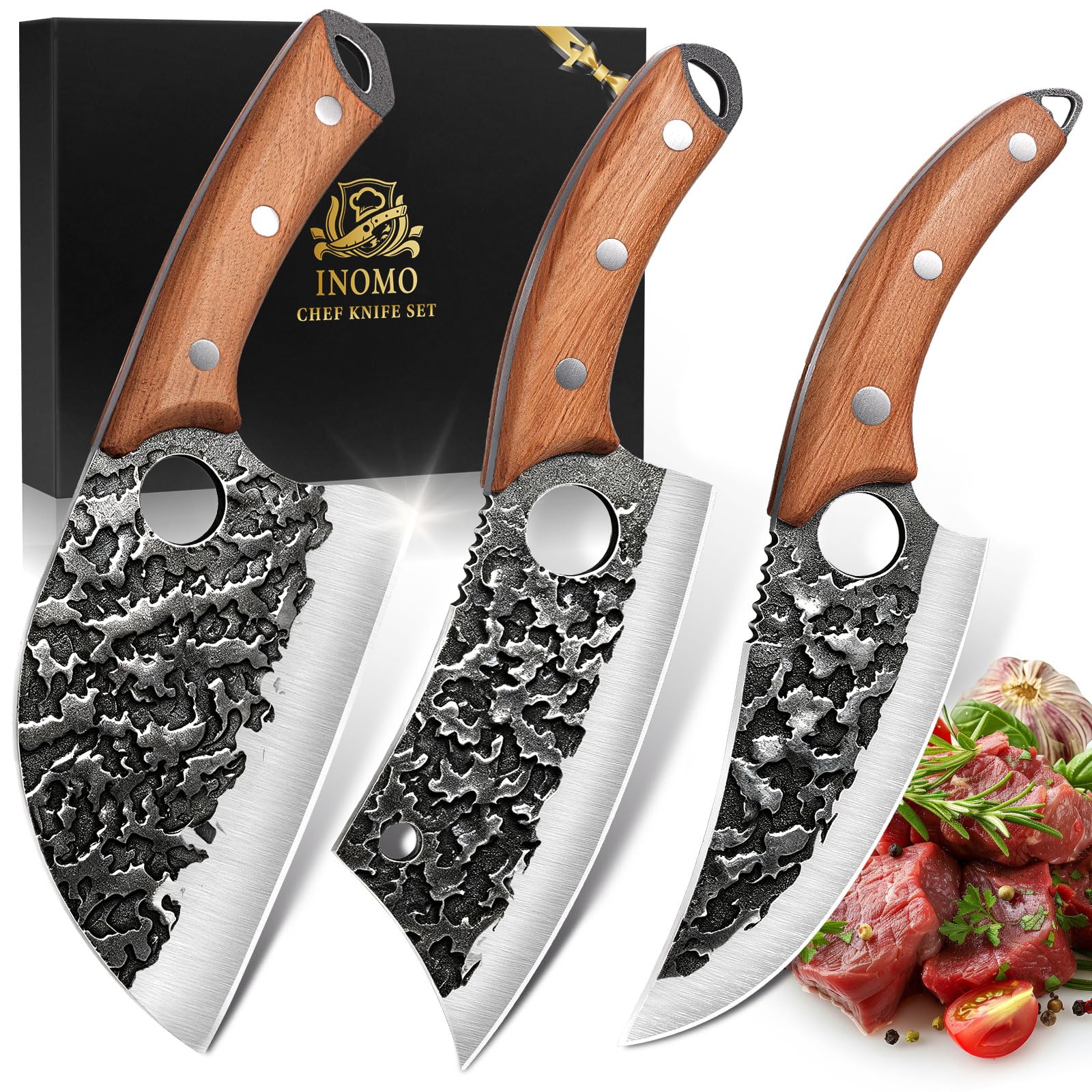 INOMO Messerset, Kochmesser Profi Messer Set, Küchenmesser Set Scharf Edelstahl Edelstahlmesser zum Allzweckmesser, Japanisches Messer Ergonomischer Griff, Schwarz, 3 Stück