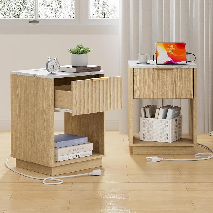 Fluted Nightstand Set of 2 with Charging Station, Modern Bedside Table with Faux Marble Top, Bedroom Wood Night Stand with Drawer, 18 W x 15.7 D x 24 H, Living Room Side Table, Natural Oak