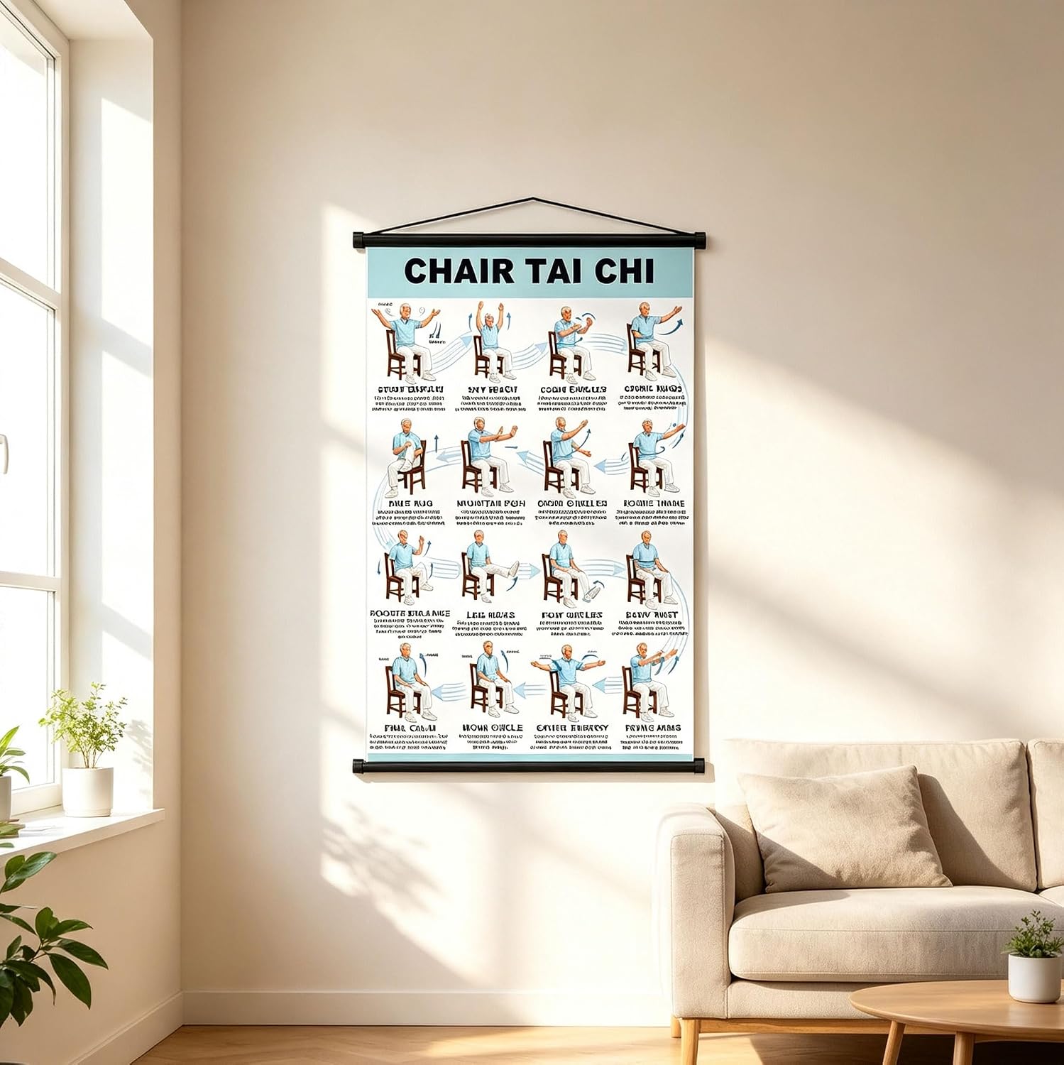 Xanadx Tai Chi Chair Workout Chart, Chair Tai Chi for Seniors Poster | Senior Chair Tai Chi Scroll Poster, Guided Seated fitness, 16 x 24 Inch