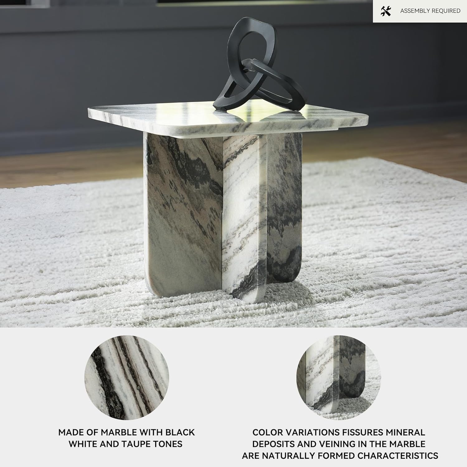 Signature Design by Ashley Baretton Contemporary Marble Accent Coffee Table with Cross Pedestal Base, Neutral Palette, Sculptural, Artful, Top to Floor 14.38", Black, White and Taupe Tones