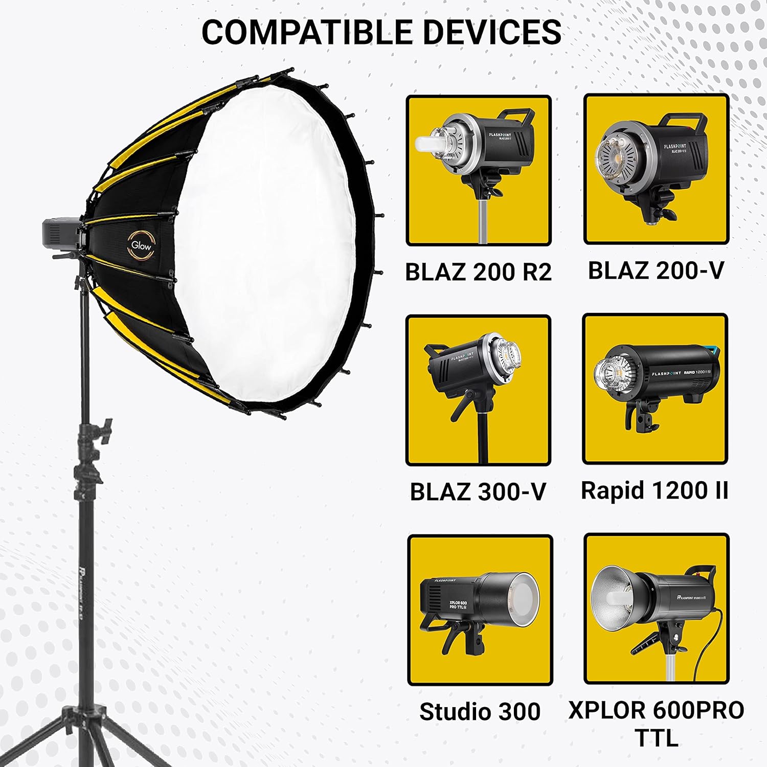 Glow Profond Quick-Open 27.5" Deep Parabolic Softbox (70cm), Octadecagon Fiberglass Rod Round Soft Box with Interchangeable Bowens Mount is Suitable for Outdoor and Indoor Shooting