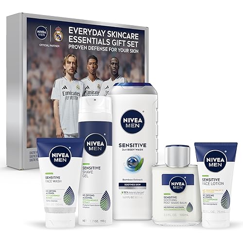 NIVEA MEN Sensitive Skin Care Set for Men, Face Wash, 5 Fl Oz + Body Wash, 16.9 Fl Oz + Shave Gel, 7 Oz + Soothing Post Shave Balm, 3.3 Fl Oz + Face Lotion SPF 15, 2.5 Fl Oz