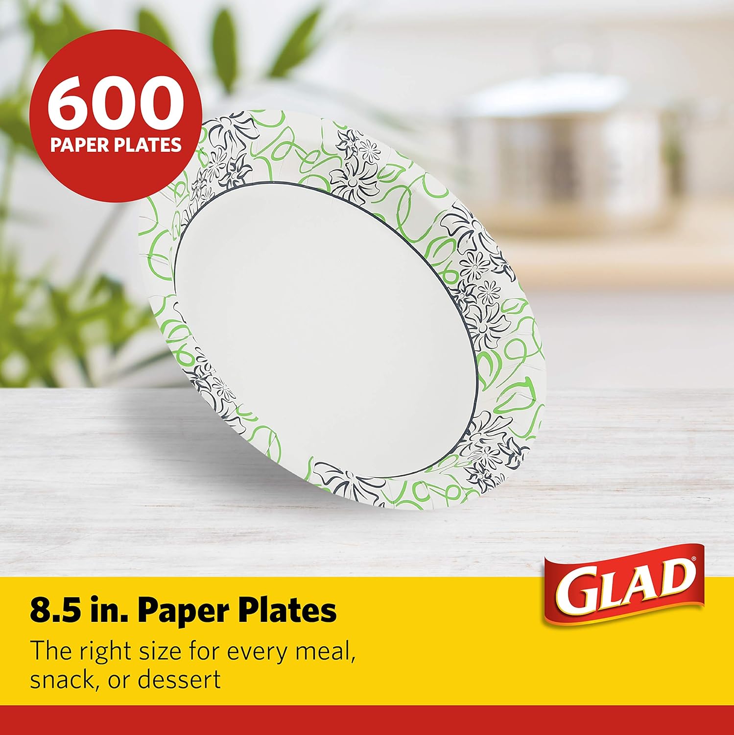 Glad Round Disposable Paper Plates, Whimsical Florals Pattern, Soak Proof, Cut Resistant, Microwave Safe, Decorative Dinner and Dessert Plates for Everyday Meals and Parties, 8.5 Inch, 50 Ct - 12 Pack