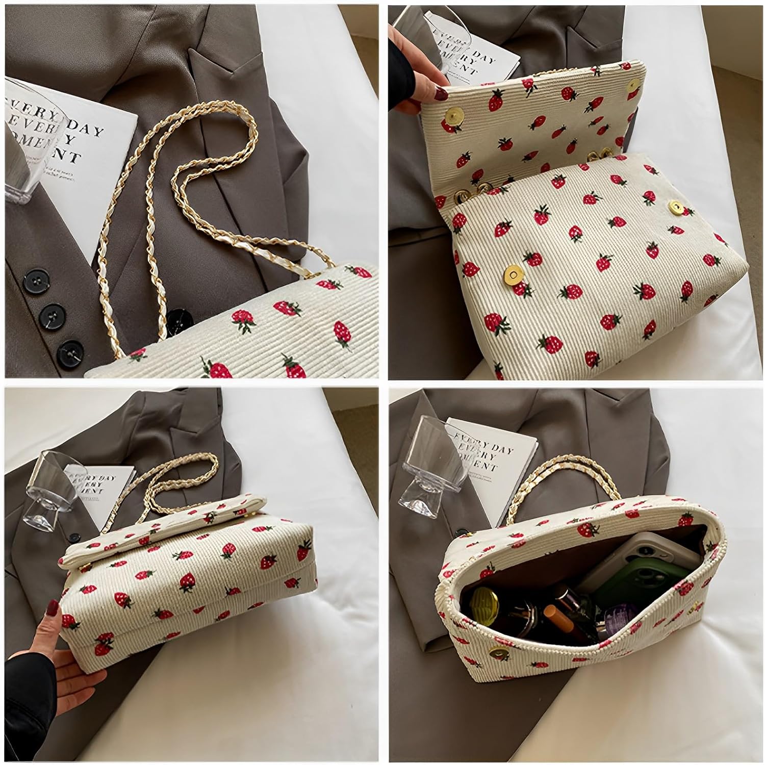 Strawberry Purse Corduroy Tote Bag for Women Cute Aesthetic Crossbody Bag Fashion Chain Shoulder Handbag Canvas Wallet - Image 6