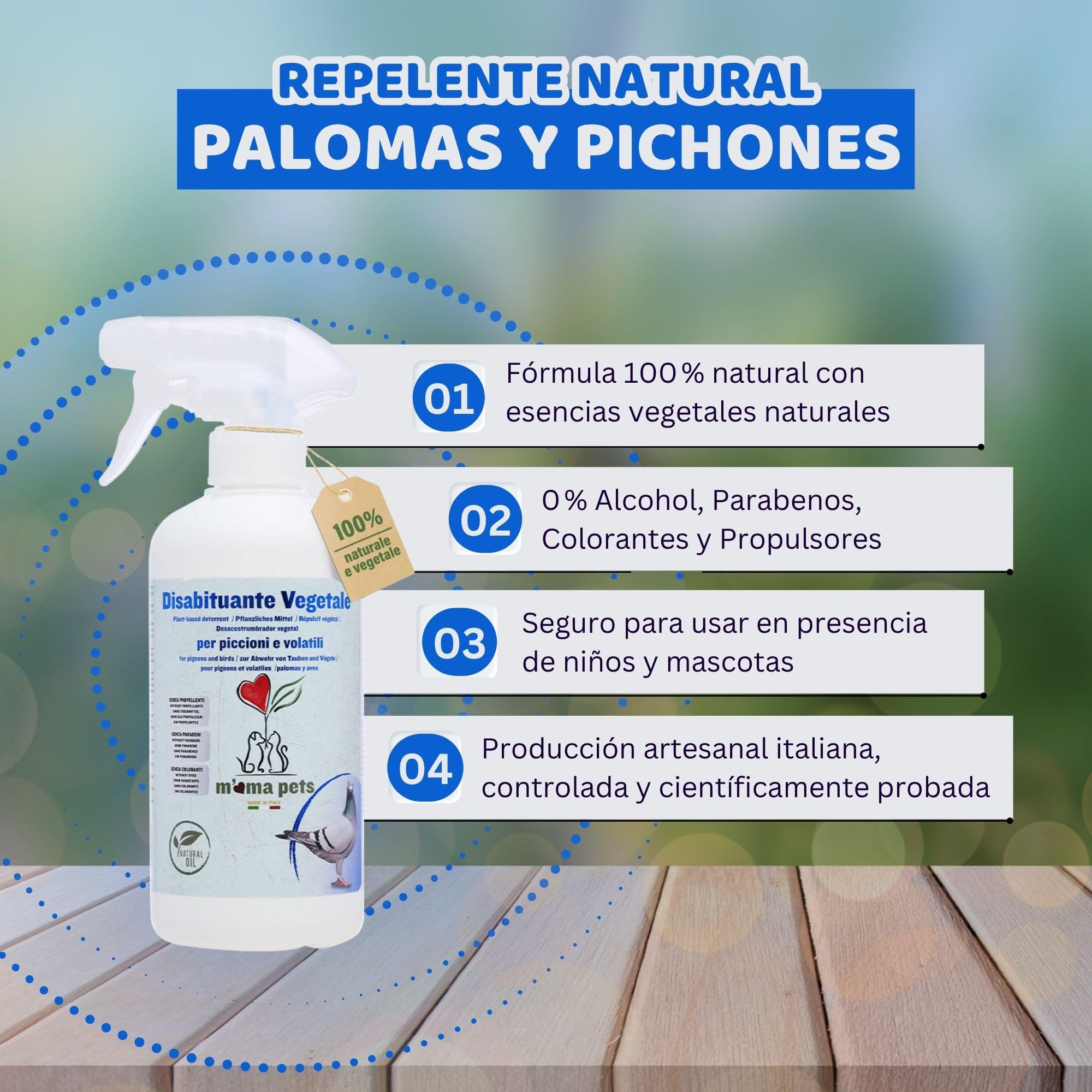 Mama Pets Spray Repelente Natural para Palomas, Pájaros, Gaviotas y Avès, Disuasor para Exteriores: Ventanas, Alféizares, Terrazas, Balcones y Barcos, 500 ml
