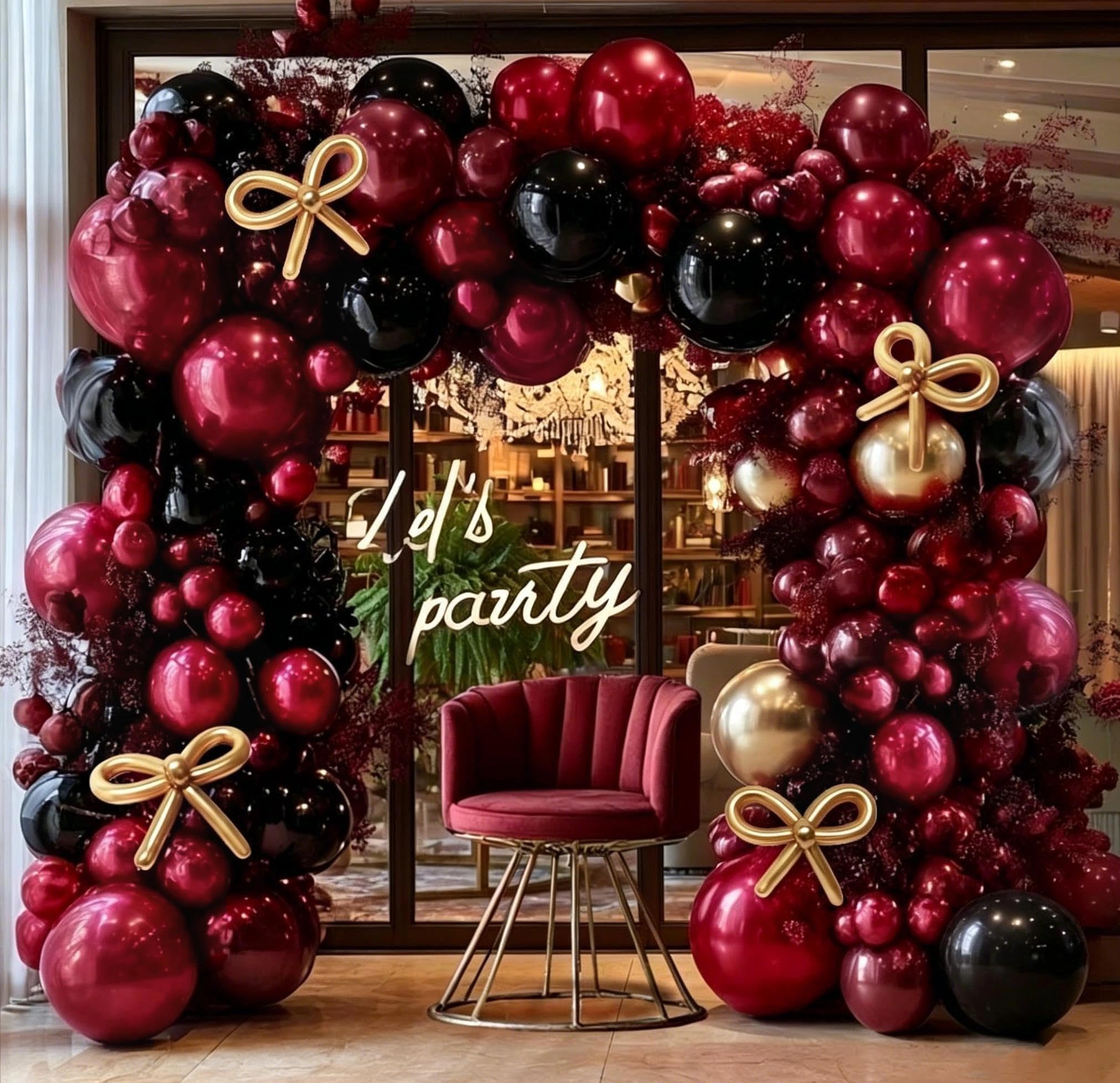 Burgundy Black Gold Balloon Arch Double Stuffed Dark Red Burgundy Black Maroon Wine Red Balloon Garland Kit Long Balloons for Birthday Wedding Bridal Graduation Engagement Anniversary Party Decor