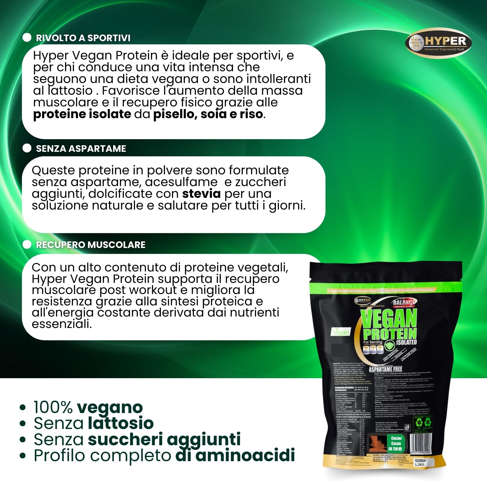 Hyper Proteine Vegane Vegetali Vegan in Polvere g 750 Cacao con Proteine del Pisello Soia Riso 90% di Proteine Povere di Carboidrati e Grassi Senza Lattosio Senza Aspartame Prodotte in Italia