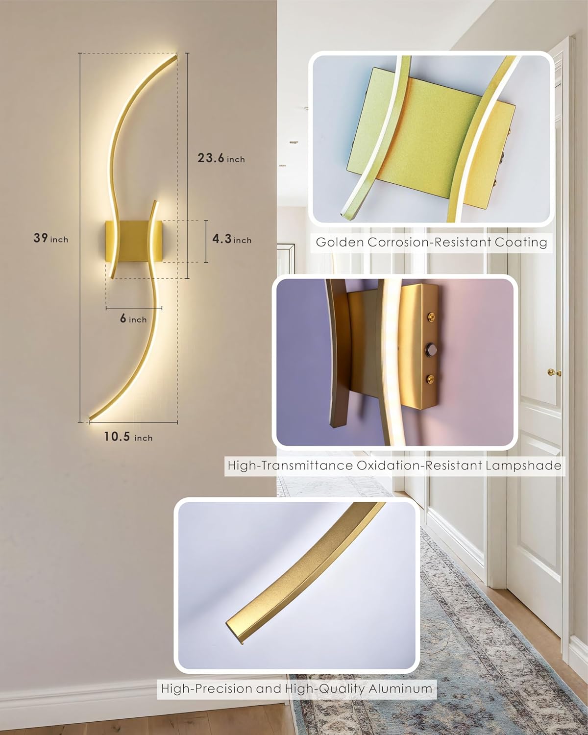 39" Gold Battery Operated Wall Sconces Set of 2, Curved Wireless Wall Lights with Remote, Dimmable Rechargeable LED Art Decor for Bedroom Living Room Hallway (No Wiring)