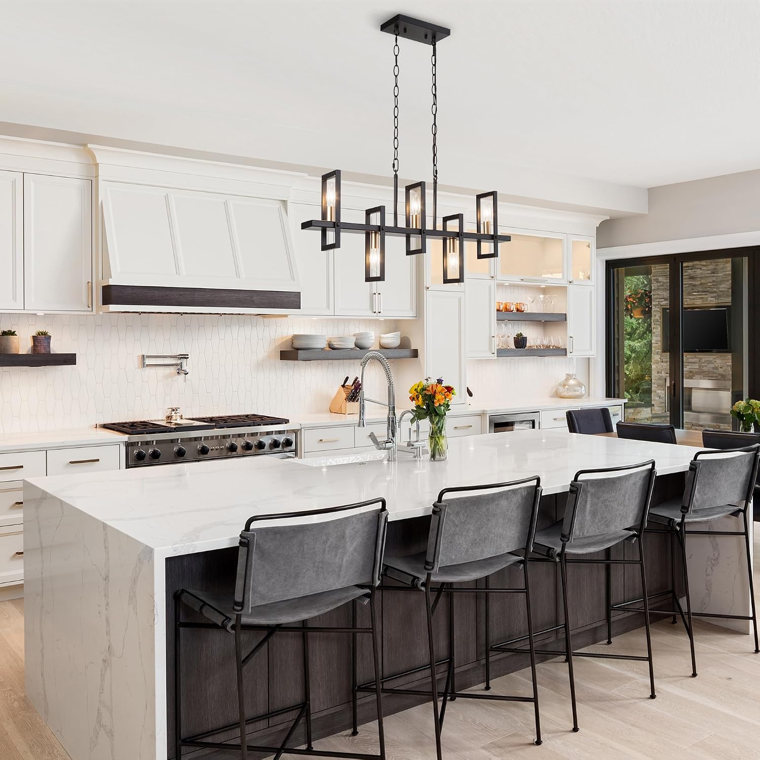 KSANA Chandeliers for Dining Room Black Gold 5 Light Linear Chandelier Light Fixture 32" Modern Farmhouse Kitchen Island Light for Dining Room Living Room Bedroom