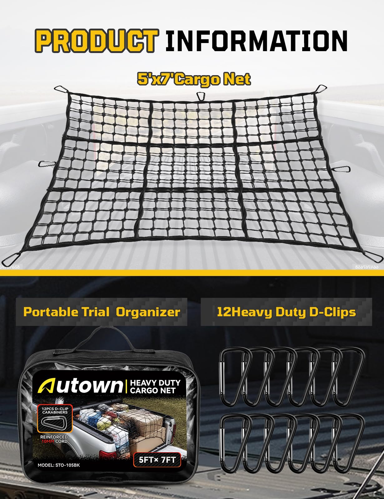 AUTOWN Rete da carico per letto pick-up – estensibile da 1,5 m x 7 'a 10 'x 14' con maglia 10,2 x 10,2 cm, resistente cavo elastico da 10 mm con 12 moschettoni in metallo, ideale per ATV, SUV, UTV e