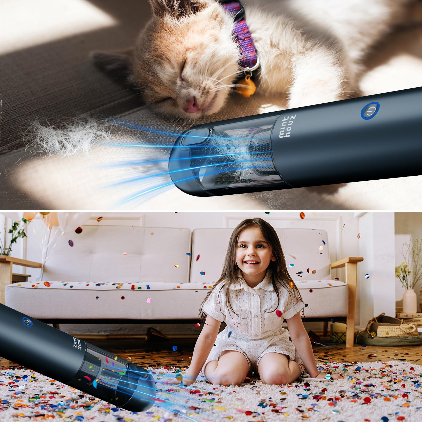 Minthouz Aspirabriciole Senza Fili Auto, 17000Pa Mini Aspirapolvere Portatile e a Carica Rapida con 120W ad Alta Potenza, Aspiratore Auto Potente 3 In 1 con cavo Type-C e luce LED/SOS per auto/casa