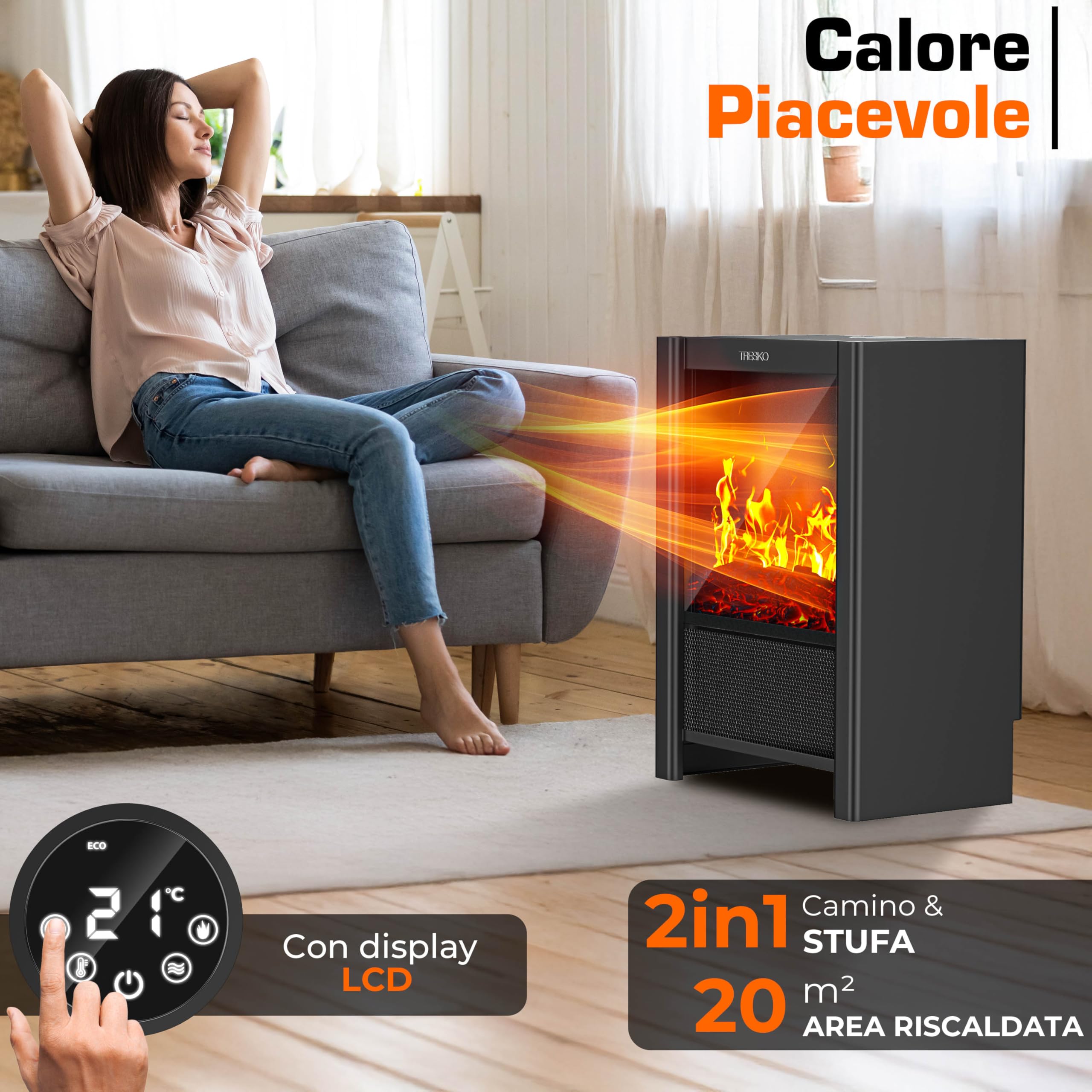 TRESKO® Camino Elettrico SmartFire con Riscaldamento 2000 W, APP WiFi e Telecomando | Camino Elettrico con Effetto fiamma LED e Display LCD | Camino con Termostato | Stufa Elettrica Timer