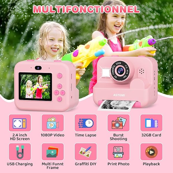 ASTGMI Appareil Photo Instantané, 2.4" Écran Appareil Photo Enfant avec Papier d'impression et Carte 32GB, Mode Selfie et Video, Cadeau Jouet pour Enfant Garçons Filles de 3-14 Ans(Rose) - 2