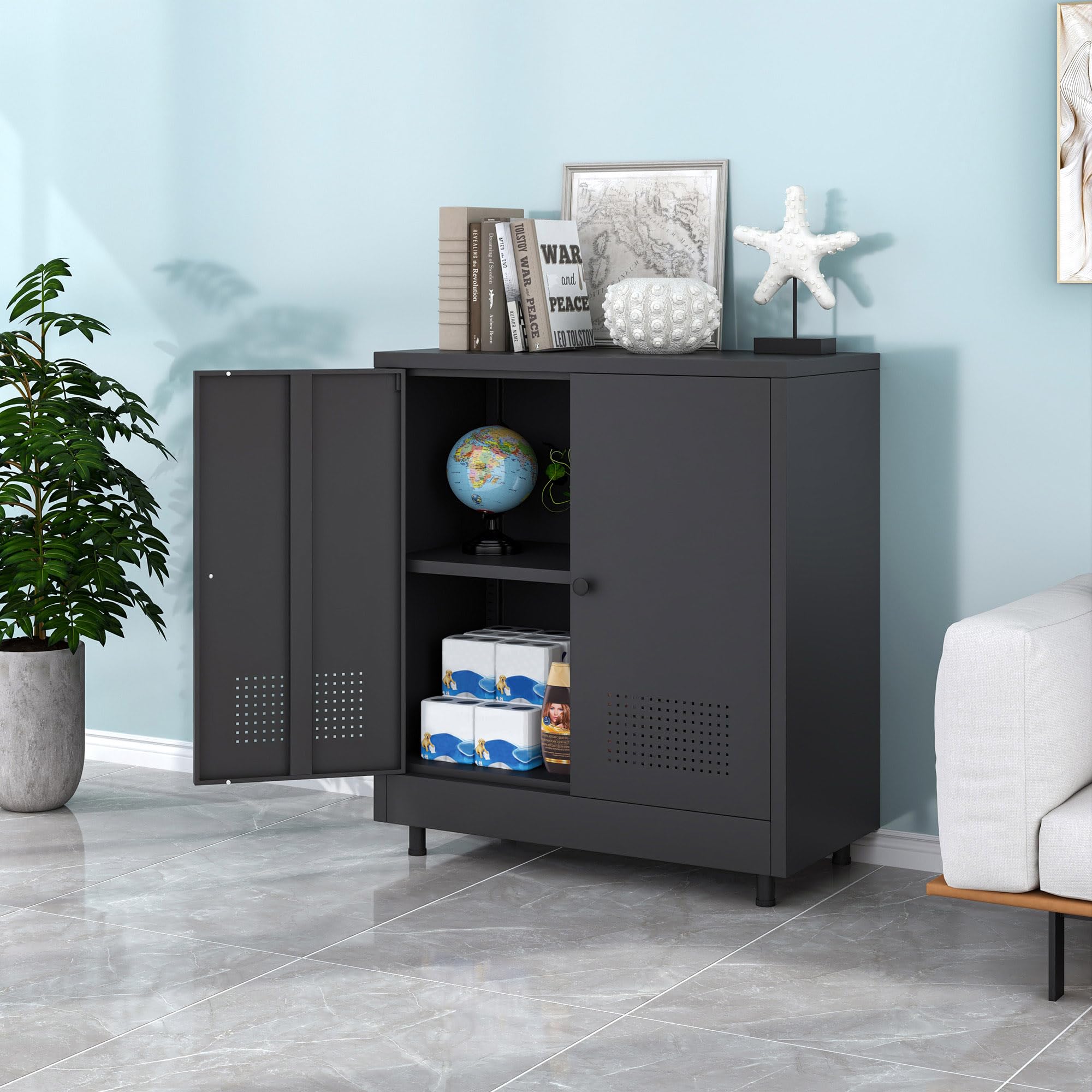 Aktenschrank Büroschrank Lagerschrank Metallschrank Stahlschrank Mehrzweckschrank Buffetschrank Flurschrank, Aufbewahrungsschrank aus Metall mit Verstellbarem Regal (Schwarz)