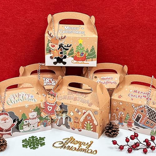 Miniatura 6 de OurWarm 12 paquetes de cajas de galletas de Navidad, cajas de regalo de panadería navideña con ventana y etiquetas, cajas de papel kraft para