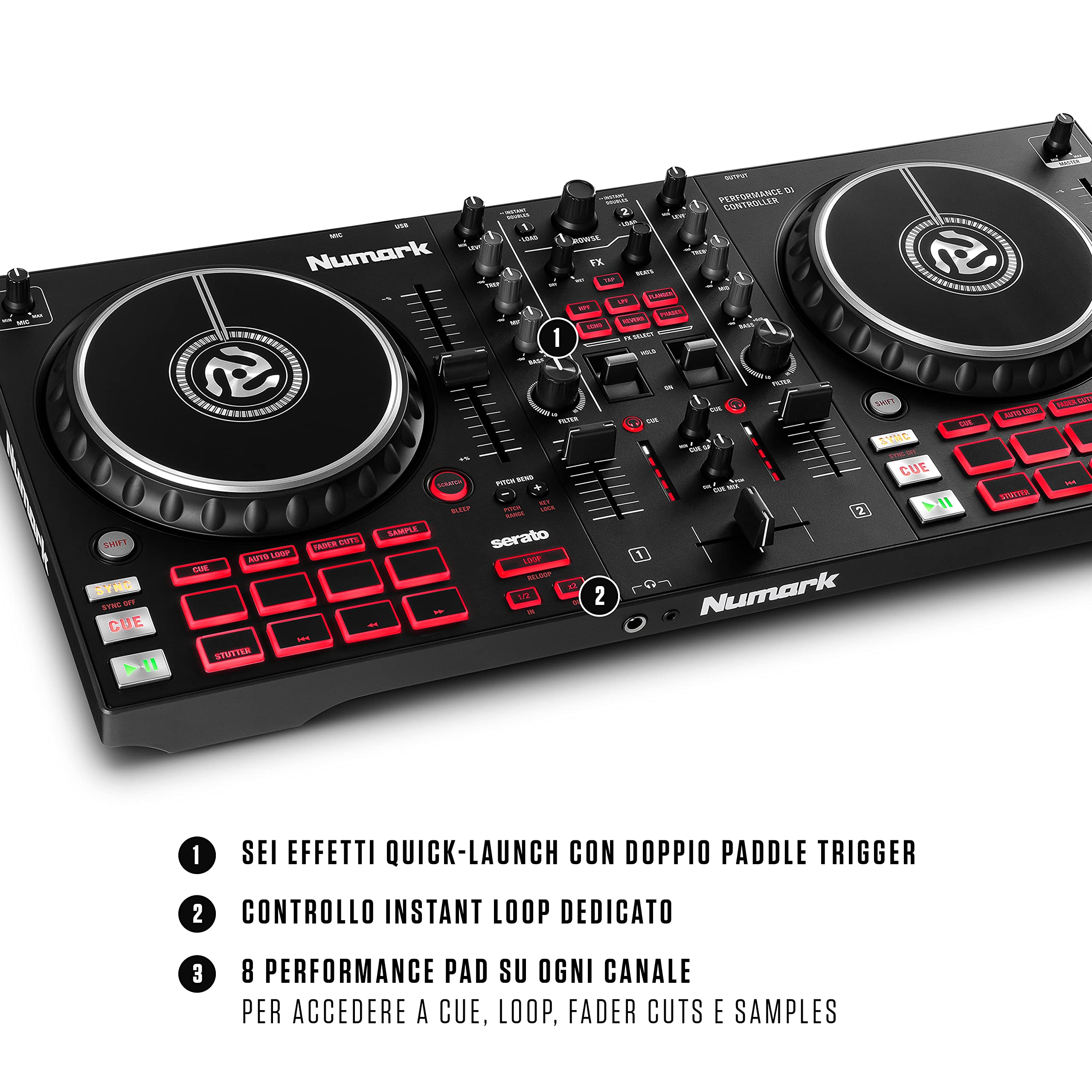 Numark Mixtrack Pro FX + SoundSwitch DMX Micro Interface – Console DJ con 2 deck, Mixer DJ, Scheda Audio, Jog Wheel Capacitive e FX + Interfaccia Compatta USB-DMX
