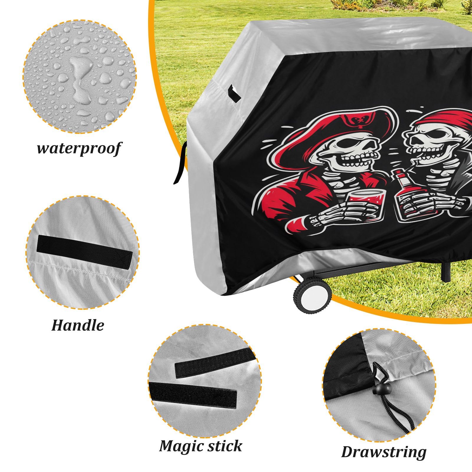 Copertura per barbecue di alta qualità, impermeabile, resistente allo sbiadimento, resistente, adatta per griglie fino a 63 cm, motivo: teschio pirata