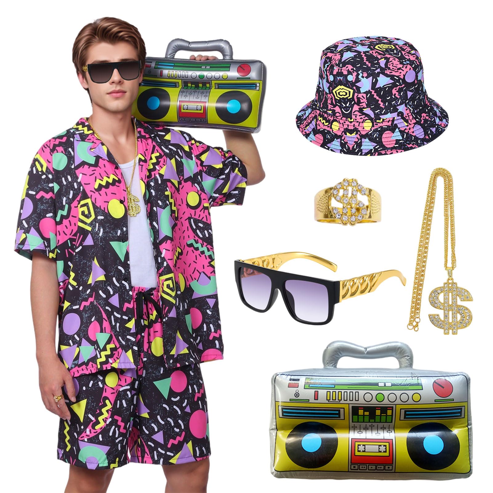 Essestim 80s 90s Fancy Dress Costumes for Men Adults, Retro 80s 90s Outfit Accessories with Shirt, Pant, Hat, Ring, Glasses for 80s Themed Disco Party (L)