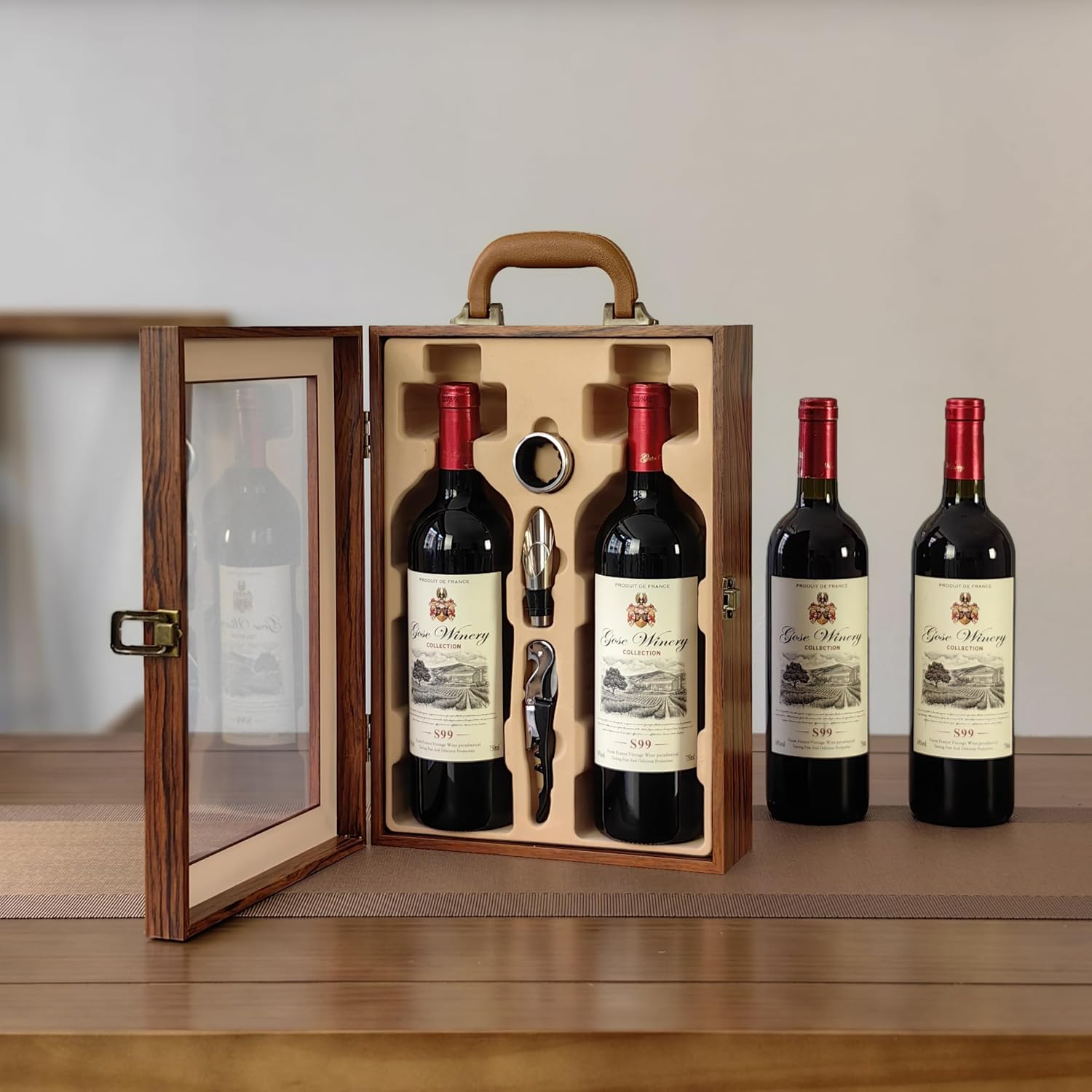 Wine Box, 2 Bottle Top Handle with 3 Wine Accessory Wine Gift Box for Wedding,Party,Gift,Birthday,Vintage Huang rosewood Wine Storage Box for Home Bar Decor,Handmade Premium Wine Carrier Case