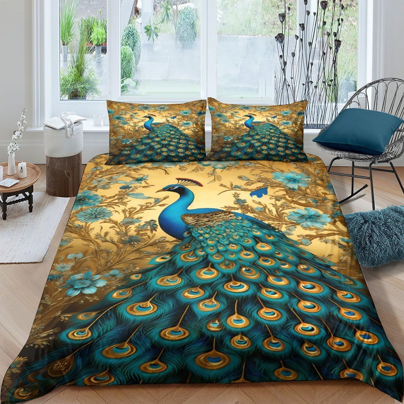 Ctjqhvkz Style-3 3D Printed Peacock Garden Fitted Sheet Microfiber Soft Decorative Blue Gold Forest Mattress Cover For Bedroom Guestroom Single（135X200cm）