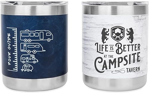 Camco Life is Better at The Campsite - Vasos de whisky Lowball  Vasos elegantes y aislados para whisky o bourbon favorito  Paquete de 2 (53328)