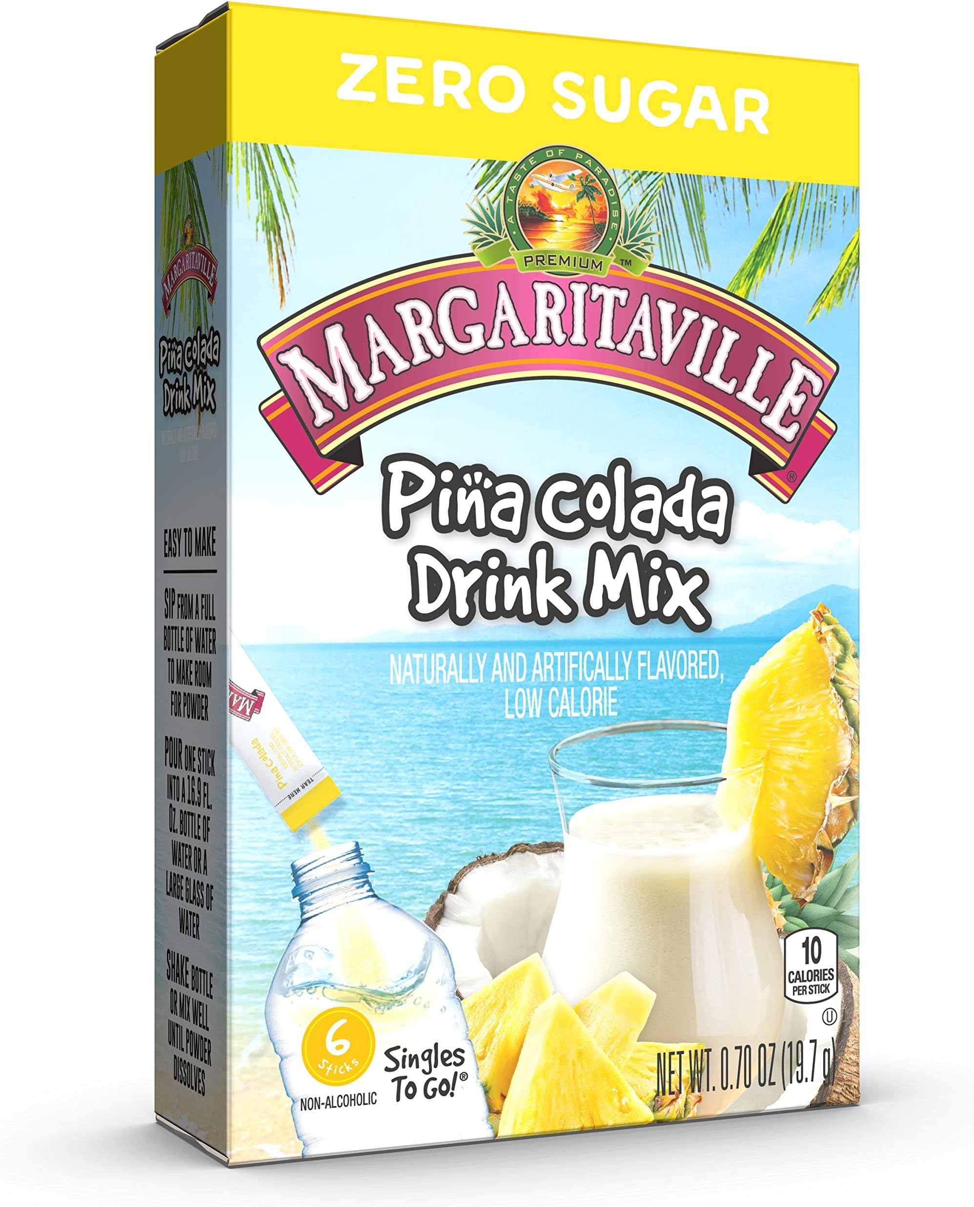 Margaritaville, Singles To Go Water Drink Mix Flavored NonAlcoholic Powder Sticks 6 Count, Pina Colada, 4.14 Ounce