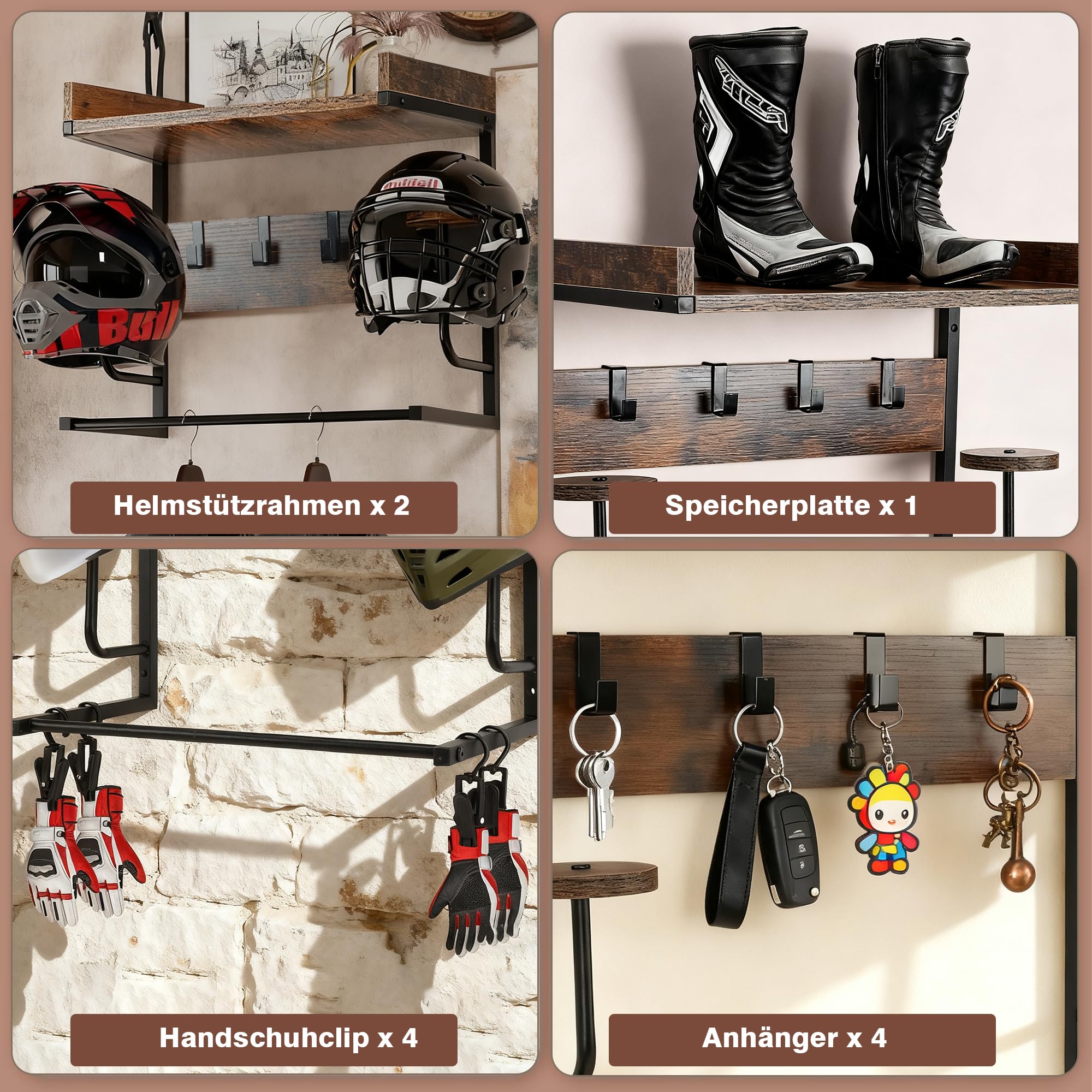 Motorradhelmhalter Eisenholz Motorrad -Zahnrad Rack mit 4 Stcs Haken Klammern Schwimmendes Regal