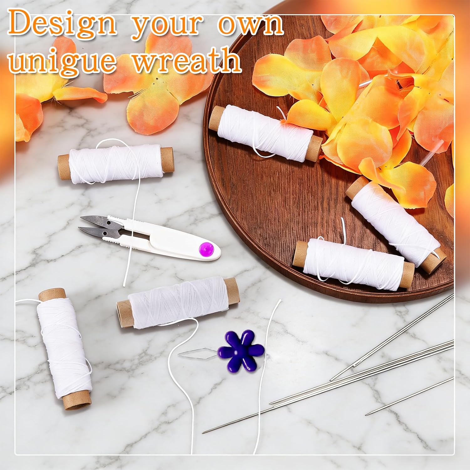 14 Pcs Lei Needle Kit, 6 Pcs 14 Inch Stainless Steel Long Lei Needle 6 Twine 1 Sewing Scissors and 1 Needle Threaders for DIY Graduation Hawaiian Flowers Bead Stitch Marigold Garland