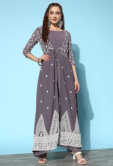 LYMI LABEL Gown for Women - Georgette 3/4 Sleeve Long Maxi Dress Gown with Attached Shrug for Traditional, Ethnic Indo